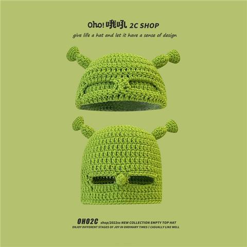 The same type of funny Shrek woolen hat for girls in autumn and winter, devil long braids, green knitted pullover hat, trendy