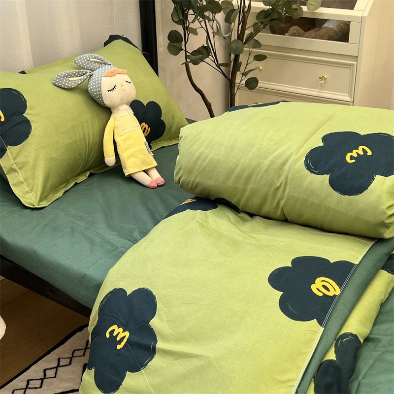 ins小清新花卉绿色学生宿舍床上三件套水洗棉床单被套床上四件套