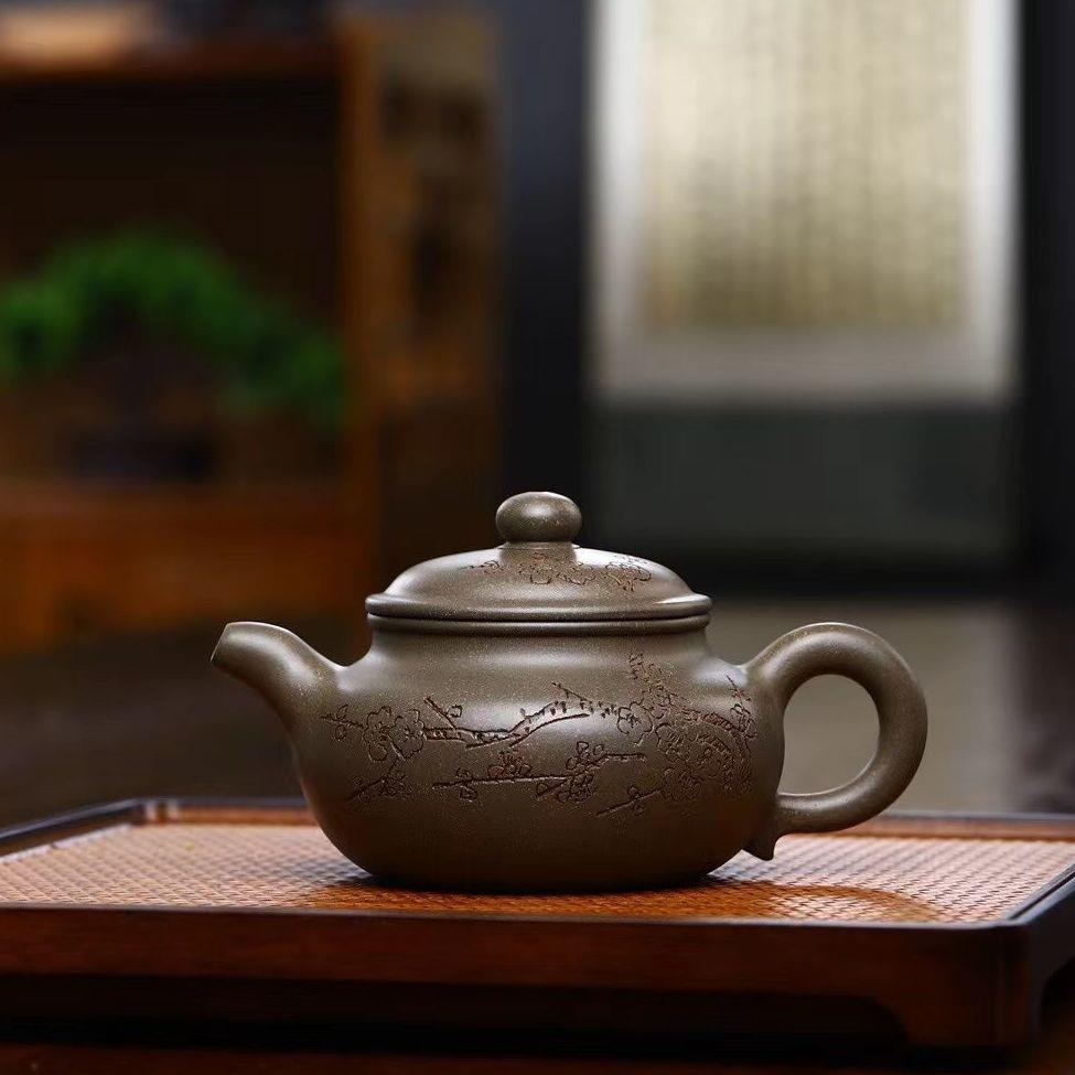 260毫升宜兴紫砂壶纯手工原矿蟹壳青仿古壶泡茶壶梅花仿古壶