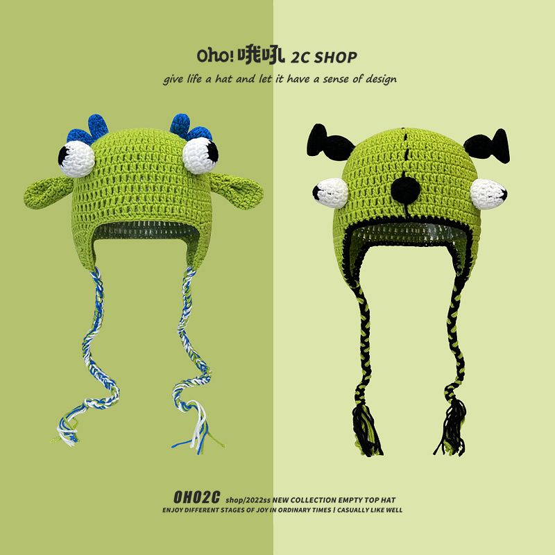 ruffian with the same paragraph funny Shrek wool hat female autumn and winter devil long braids green knitted pullover hat tide