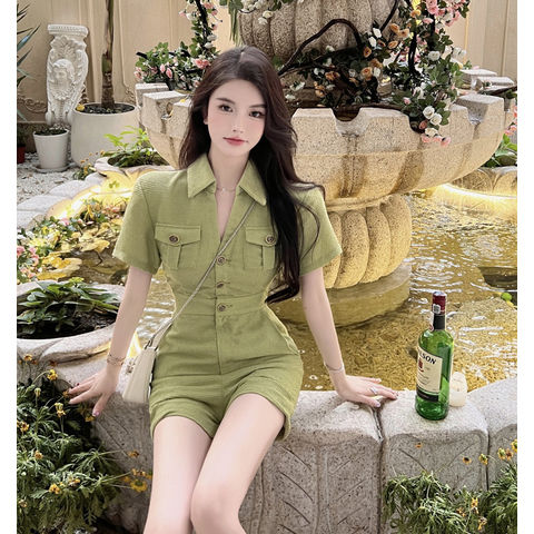 Green jumpsuit women's summer high waist straight casual shorts retro hot girl polo collar slim fit jumpsuit