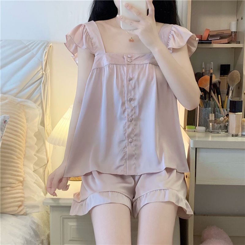 Sweet ice silk cute suspenders pajamas shorts suit women's summer 2022 new ruffled square collar home clothes