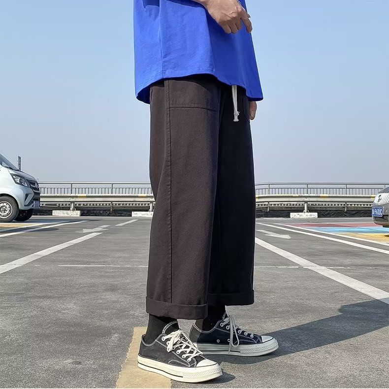 Autumn overalls men's trendy brand thin section simple solid color casual pants Japanese cityboy wide-leg straight-leg cropped pants