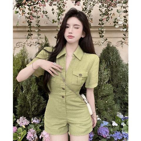 Green jumpsuit women's summer high waist straight casual shorts retro hot girl polo collar slim fit jumpsuit