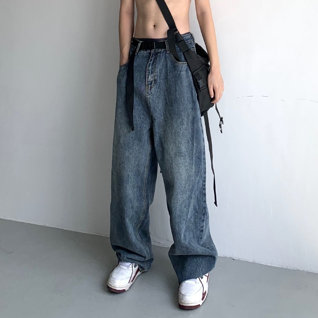 美式街頭腰帶牛仔褲男水洗復古寬鬆垂感闊腿褲百搭休閒直筒拖地褲