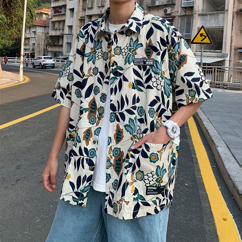 Large size couple national tide retro floral print short-sleeved shirt men's street hip-hop loose casual Hawaiian shirt