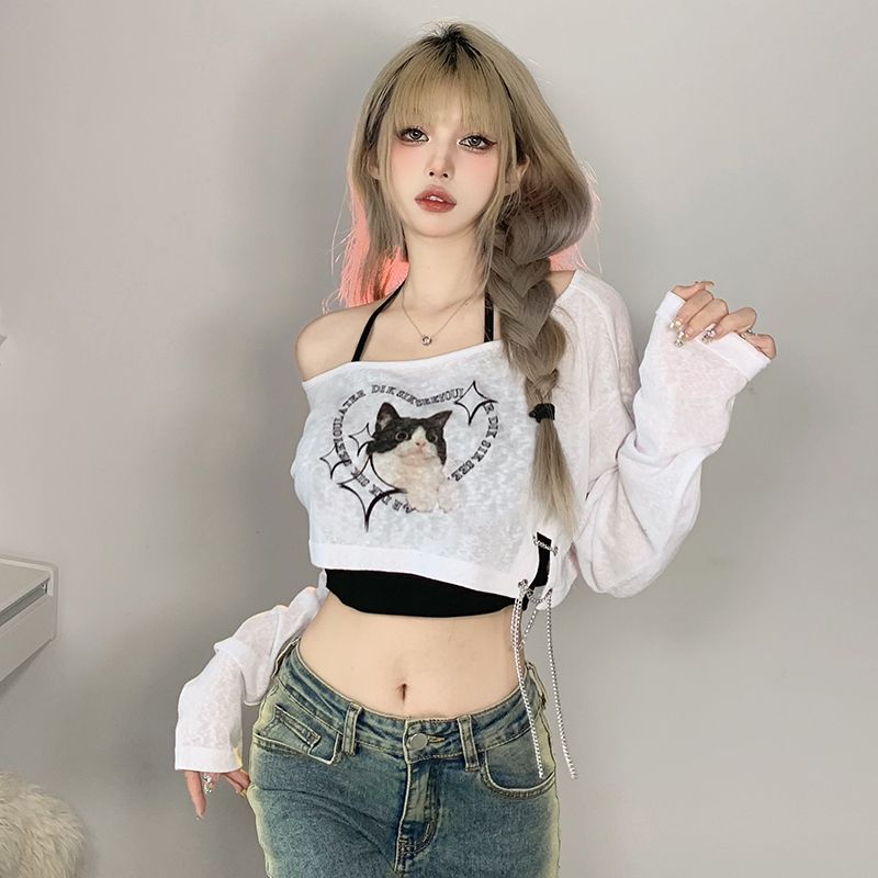 Micro-permeable loose cat print chain design sweet and cool hot girl sunscreen blouse + suspender top two-piece summer