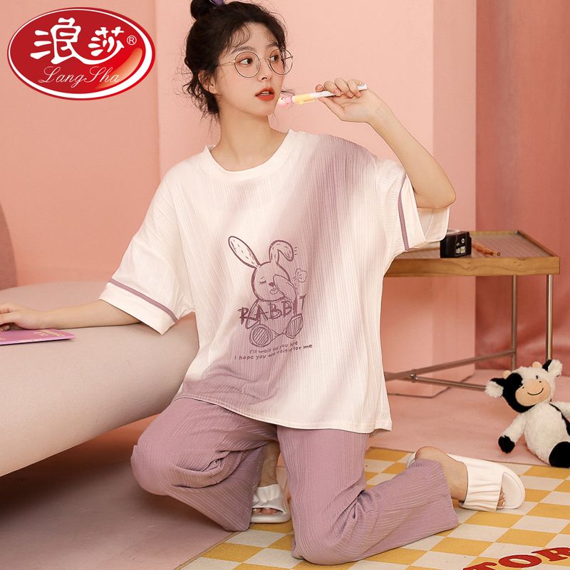 Langsha cotton pajamas women's summer short-sleeved trousers thin section summer girl cartoon ins wind can wear home clothes