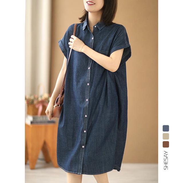 大碼女裝夏裝牛仔裙夏季連衣裙短袖女襯衫女夏季薄款襯衣裙子女夏