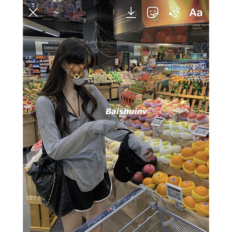 白水女 防曬長袖t恤女夏薄款2022新款寬鬆外搭設計感小眾純欲上衣