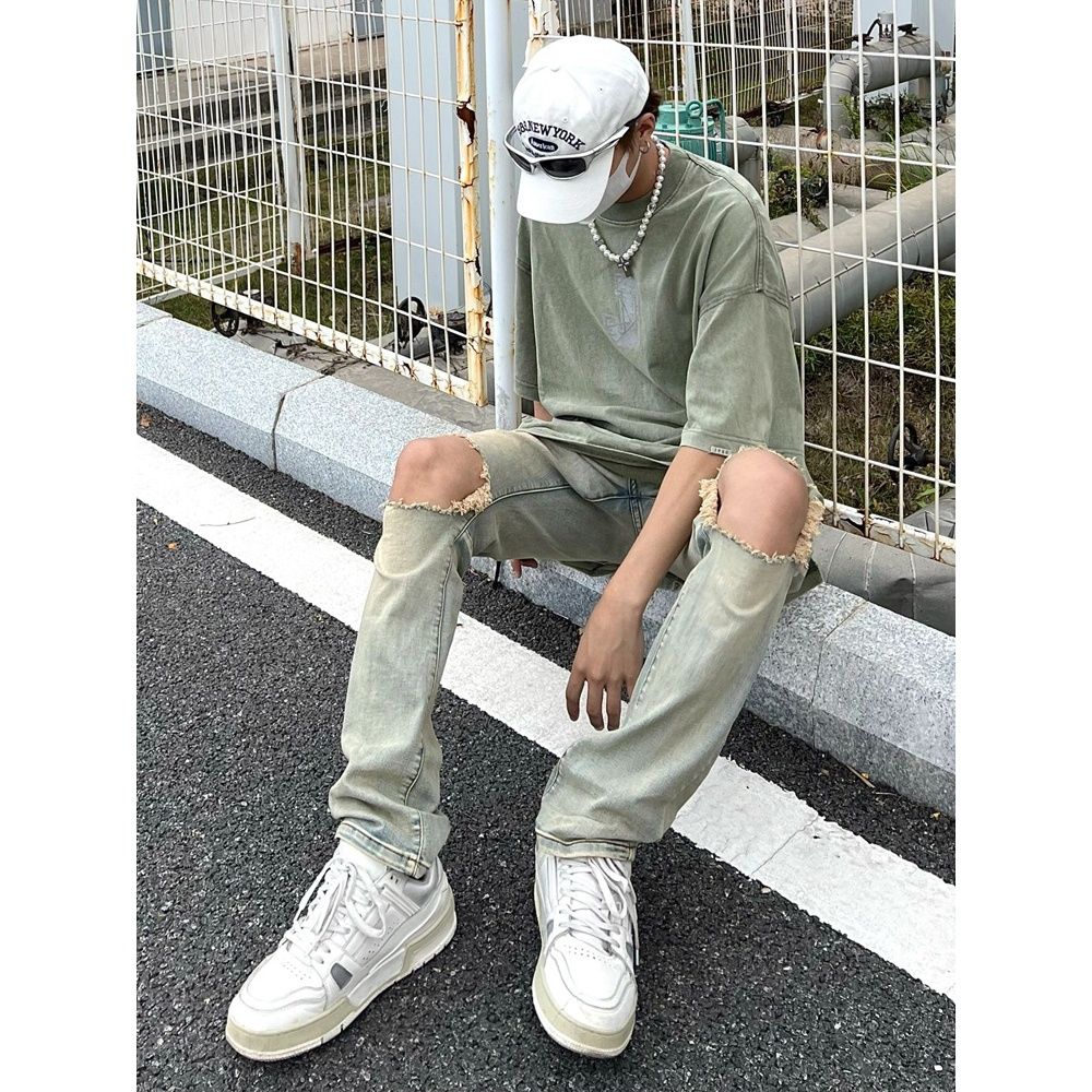 高街嘻哈做舊膝蓋破洞直筒牛仔褲男女美式街頭水洗復古破壞型長褲