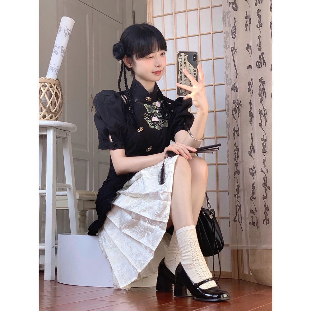 ~藏肉修身~雙層泡泡袖改良旗袍新中式國風裙2023氣質優雅連衣裙女