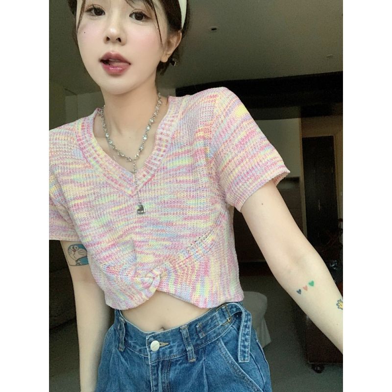韩版chic针织T恤短款V领彩虹扭结上衣高腰针织衫冰爽丝质短袖新款