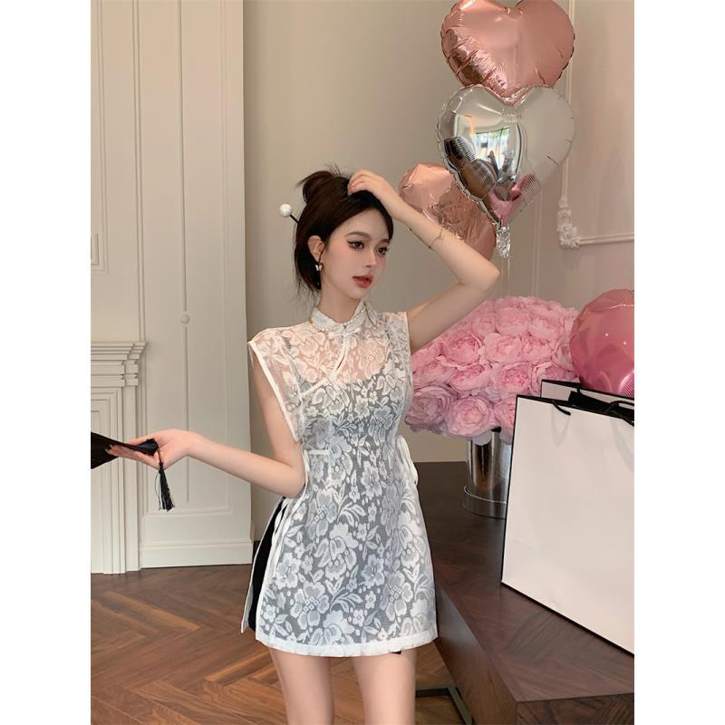 Sweet Spice Girl Mesh Lace Sleeveless Dress Female + Black Suspender Hip Skirt Fashion Two-piece Suit