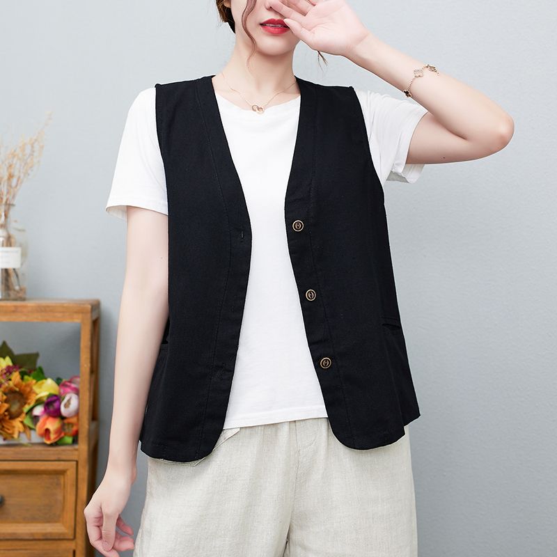 Cotton and linen vest female literature and art casual V-neck sleeveless vest summer thin section outside cardigan vest small coat