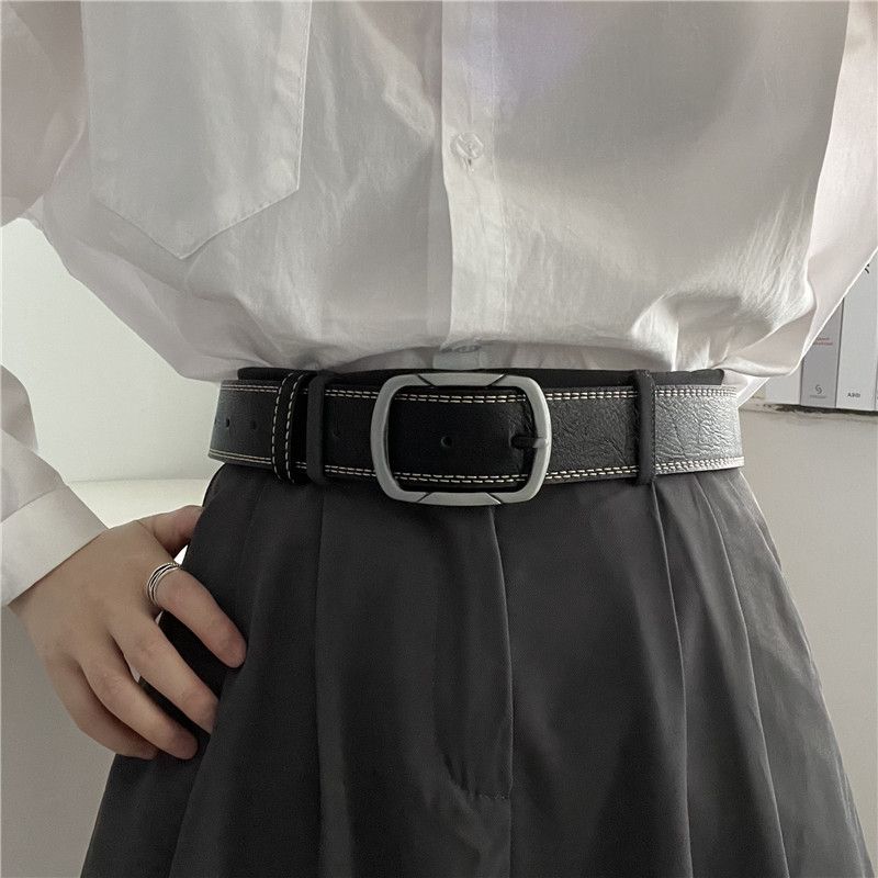 Belt for men with worn-out treading lines, wide Korean youth fashion, silver needle buckle, casual belt, versatile belt_viptrois.com