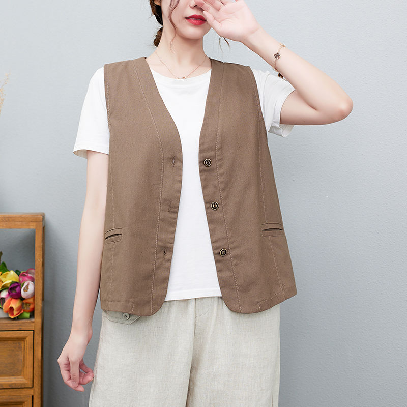 Cotton and linen vest female literature and art casual V-neck sleeveless vest summer thin section outside cardigan vest small coat