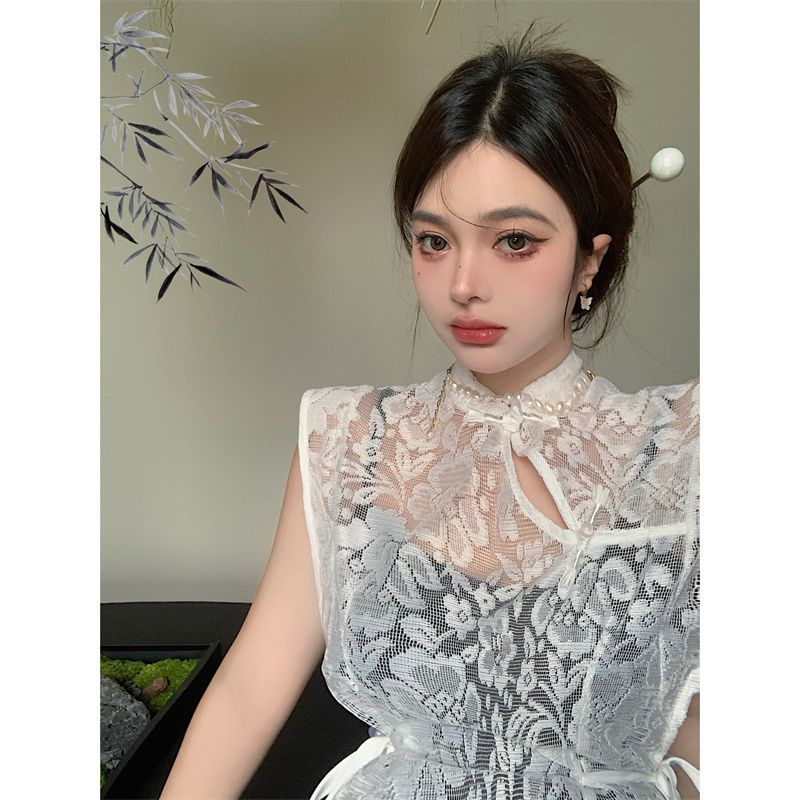 Sweet Spice Girl Mesh Lace Sleeveless Dress Female + Black Suspender Hip Skirt Fashion Two-piece Suit