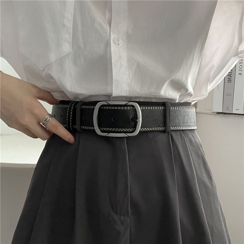 Belt for men with worn-out treading lines, wide Korean youth fashion, silver needle buckle, casual belt, versatile belt_viptrois.com