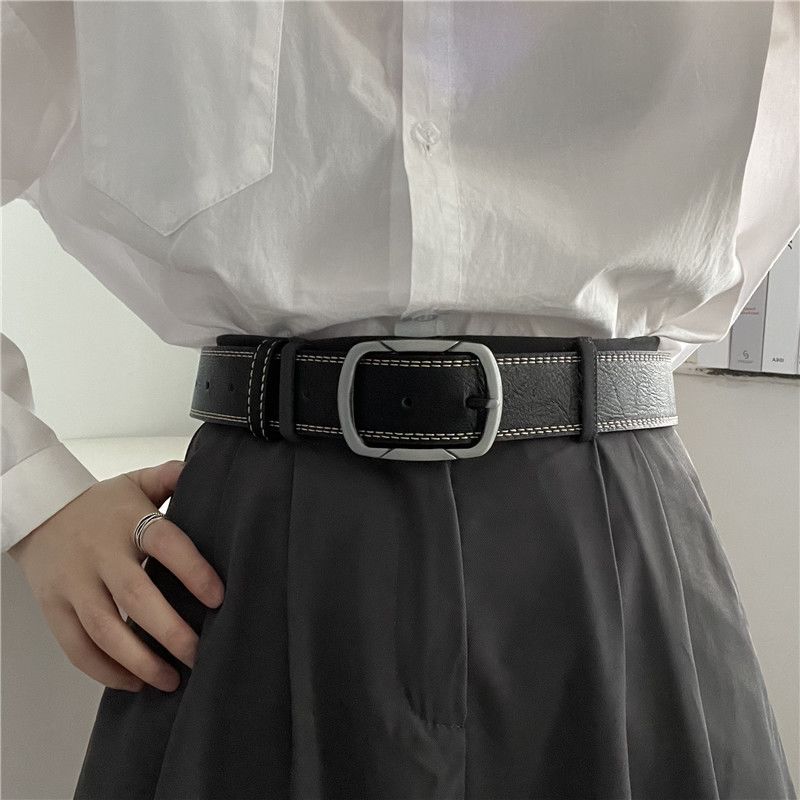 Belt for men with worn-out treading lines, wide Korean youth fashion, silver needle buckle, casual belt, versatile belt_viptrois.com