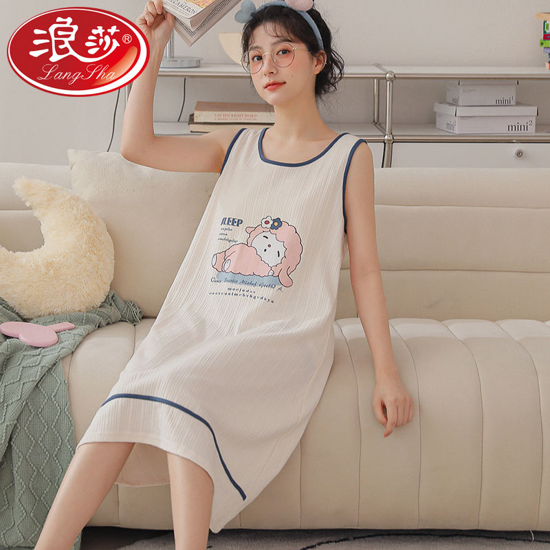 Langsha 100% cotton sleeveless nightdress women's summer thin section summer long section over the knee vest ladies pajamas home service