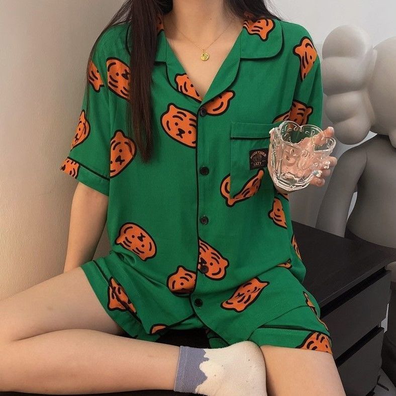 Tiger head pajamas women's summer ins new Japanese cartoon high-value thin section casual short-sleeved home service suit