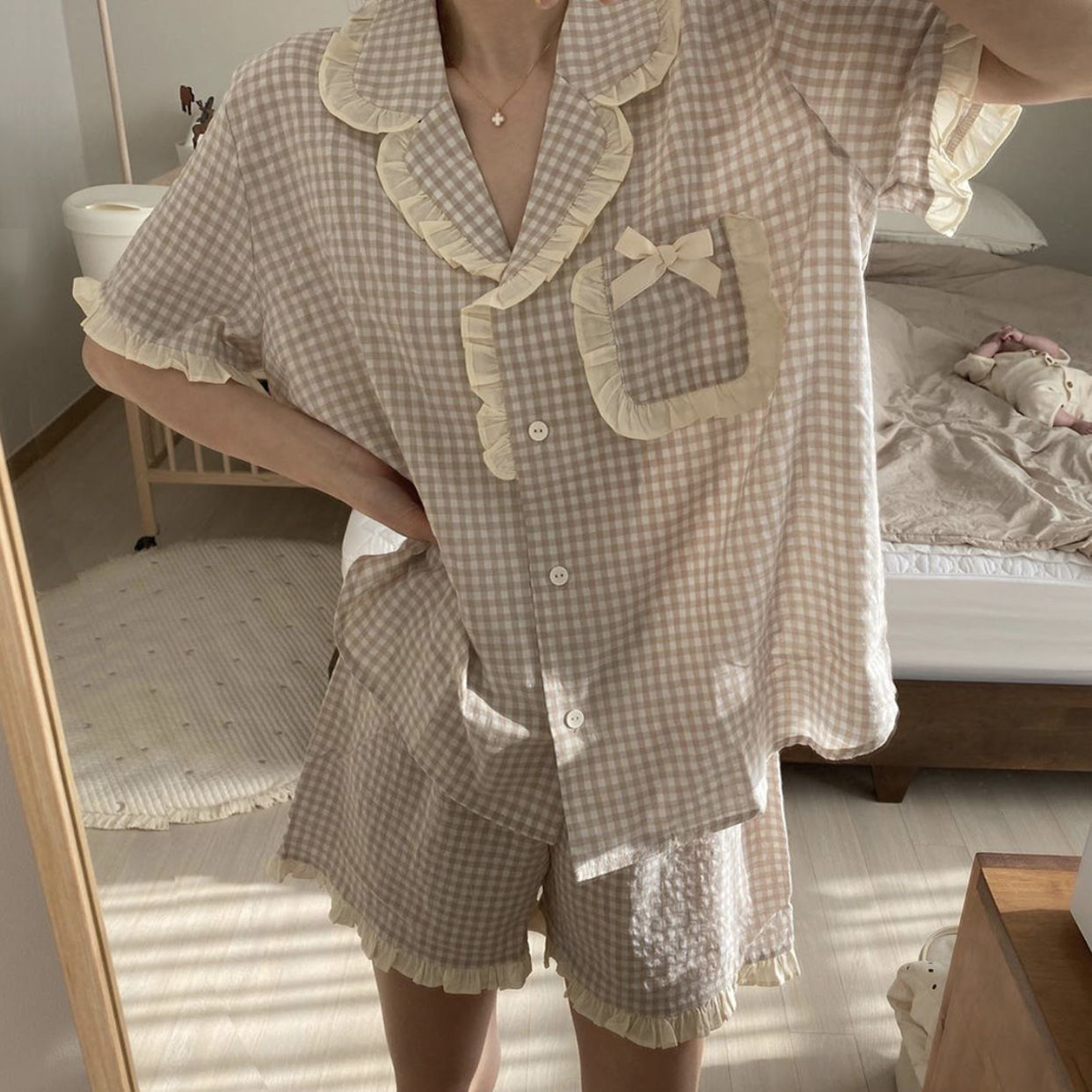 夏季睡衣女ins風新款格子甜美小清新薄款荷葉邊