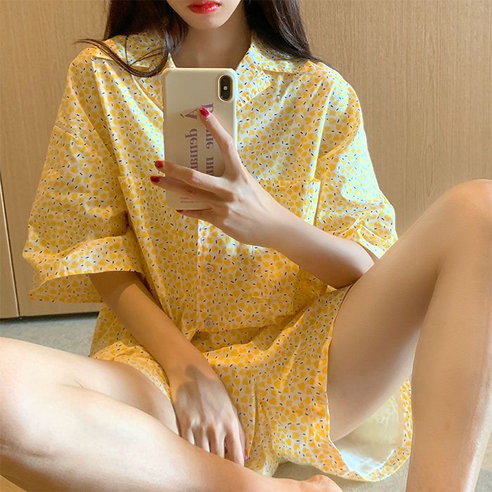 ins風睡衣女夏季新款韓系簡約甜美碎花薄款可外穿短袖家居服套裝