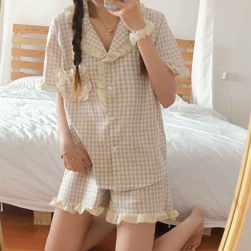睡衣女夏天新款ins甜美格子荷葉邊薄款可外穿短袖開衫家居服套裝