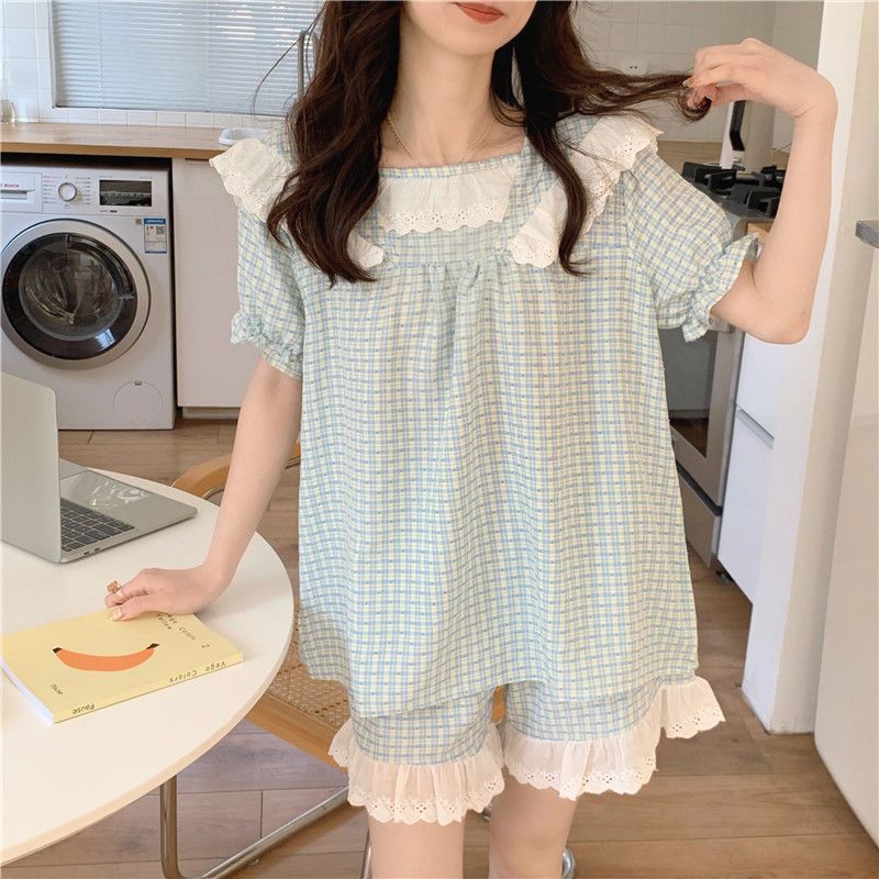 Pajamas women's summer ins new Korean style sweet plaid princess wind thin section lace edge short-sleeved home service suit