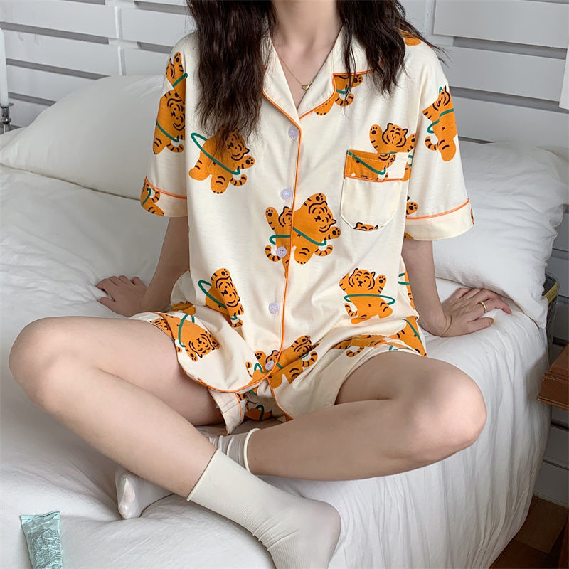 小老虎睡衣女夏季新款ins風可愛卡通印花薄款短袖開衫家居服套裝