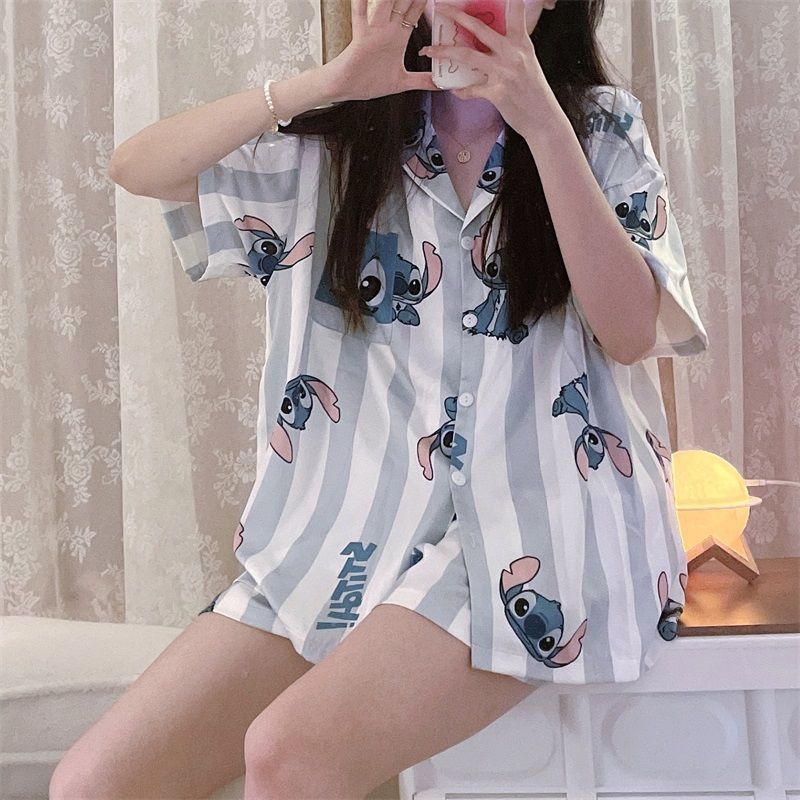日系睡衣女夏季新款ins甜美條紋史迪仔薄款高顏值短袖家居服套裝