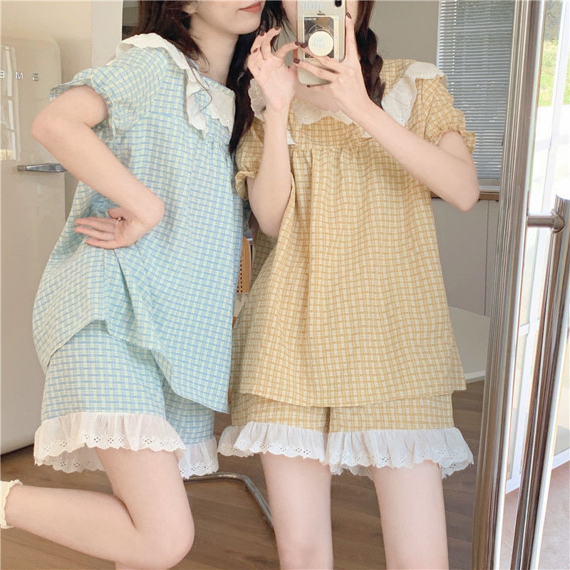 Pajamas women's summer ins new Korean style sweet plaid princess wind thin section lace edge short-sleeved home service suit