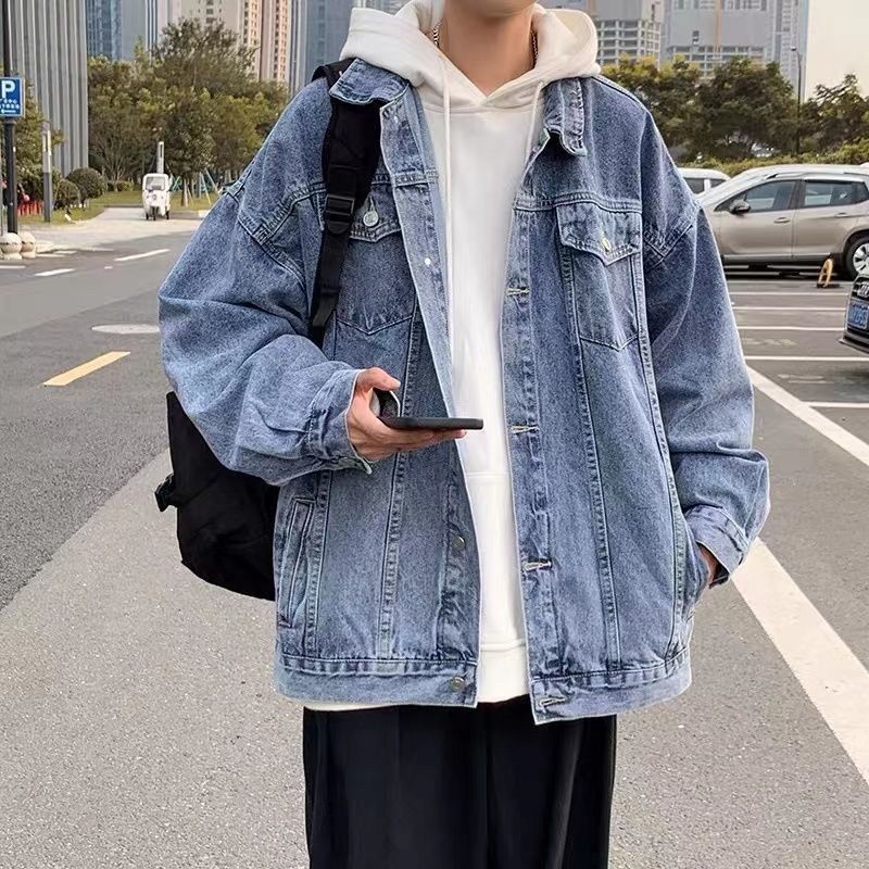 Denim jacket men's spring and autumn ins Hong Kong style trend all-match ruffian handsome loose jacket Korean casual tooling top