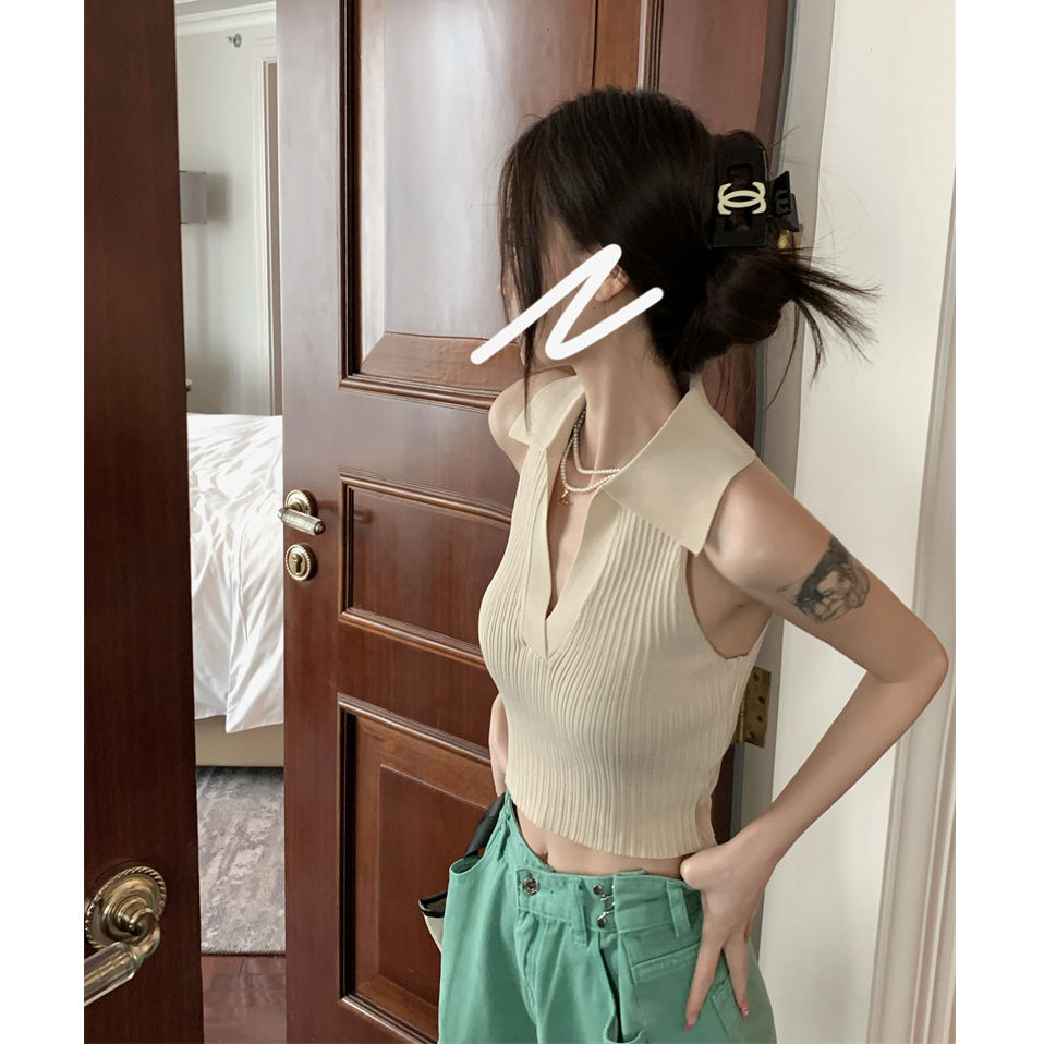 Sleeveless polo collar knitted camisole women's summer French sweet and spicy design niche chic unique top