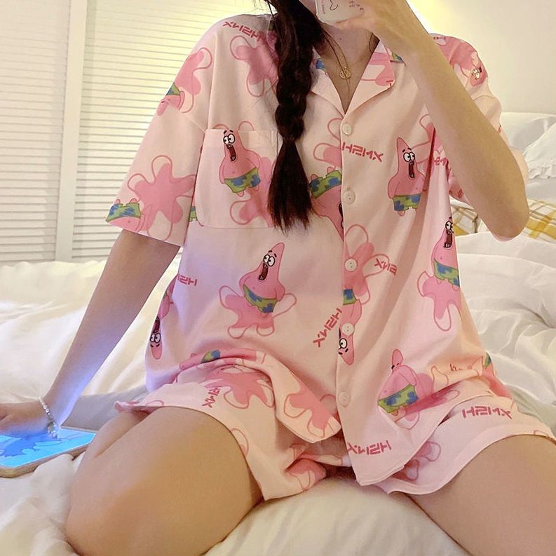 夏季睡衣女新款ins風日系可愛卡通派大星薄款短袖開衫家居服套裝