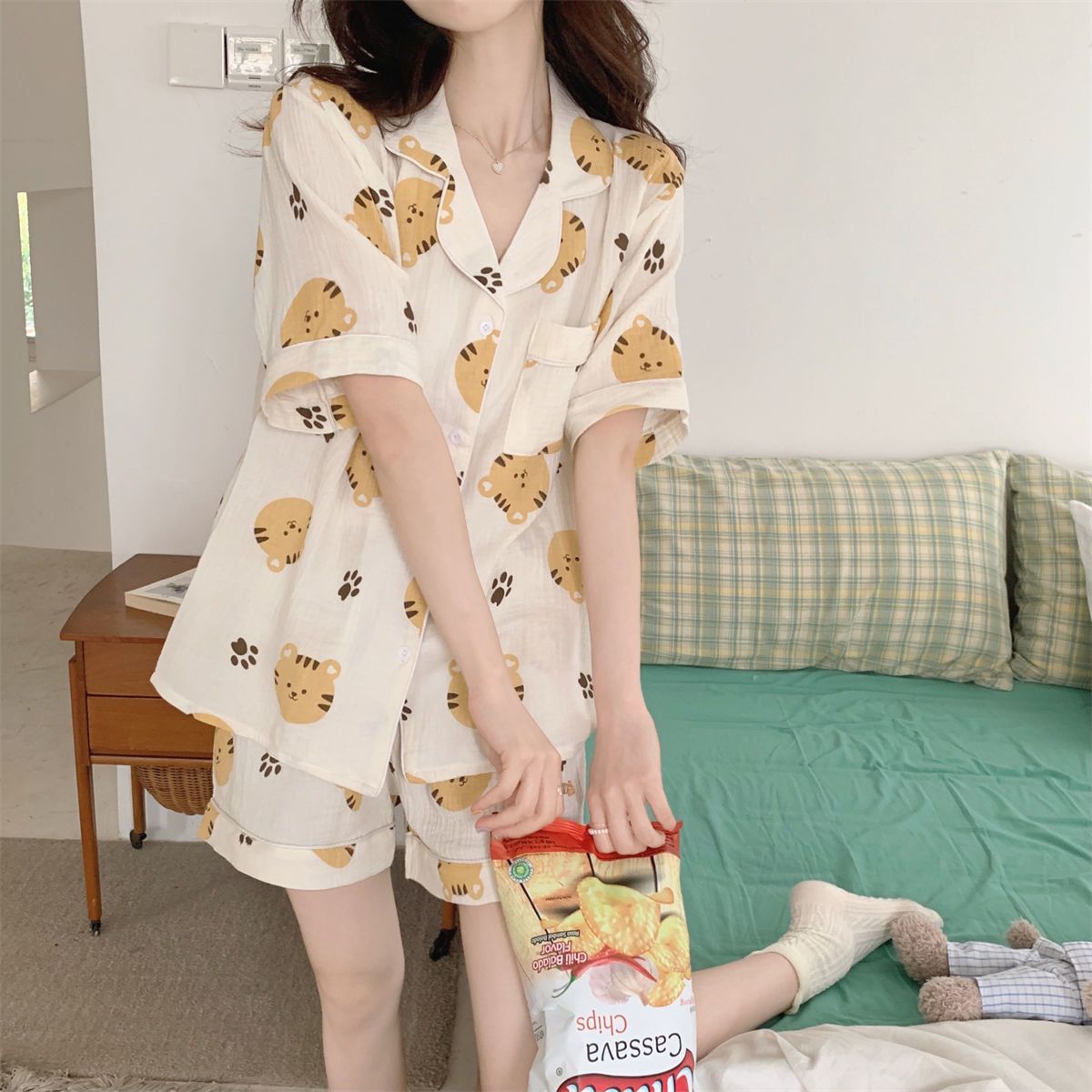 睡衣女ins風夏季新款日系卡通老虎薄款高顏值短袖開衫家居服套裝
