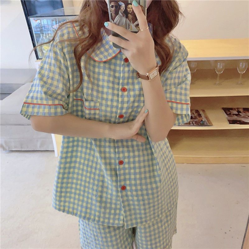 日系睡衣女夏季新款ins風甜美格子學生宿舍可外穿短袖家居服套裝