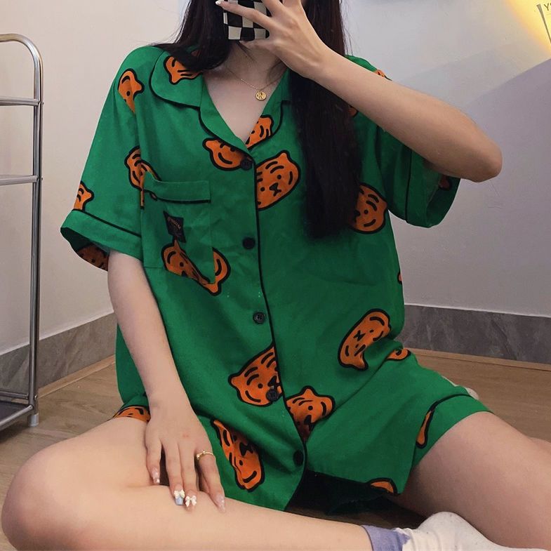 Tiger head pajamas women's summer ins new Japanese cartoon high-value thin section casual short-sleeved home service suit