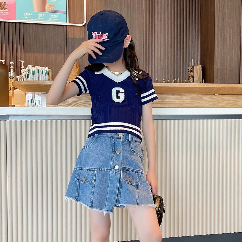 Girls' shorts summer denim skirt pants 2022 new big children's foreign style summer suit children's hot pants girls fashion