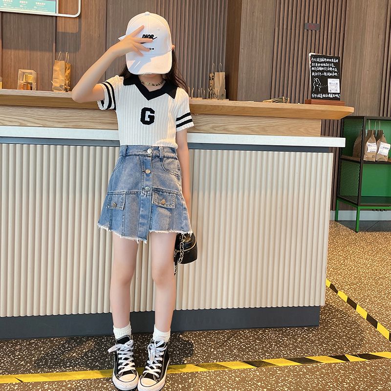 Girls' shorts summer denim skirt pants 2022 new big children's foreign style summer suit children's hot pants girls fashion