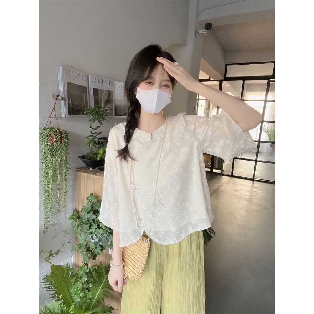溫柔風盤扣中式襯衫時尚套裝女夏2023新款法式設計感減齡短袖上衣