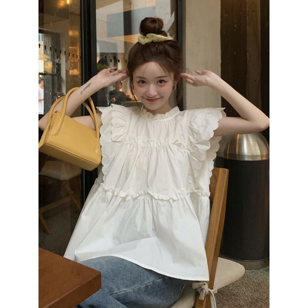 Design sense flying sleeves sweet white shirt summer  new fashion foreign style stand collar unique top women's clothing