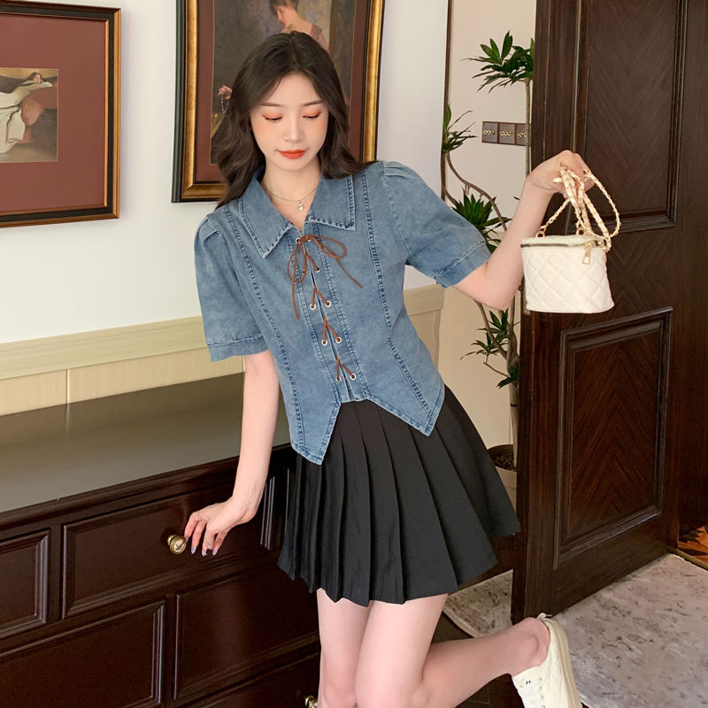 [Two-piece suit] French denim shirt women's irregular sweet and spicy pure desire short top summer pleated skirt