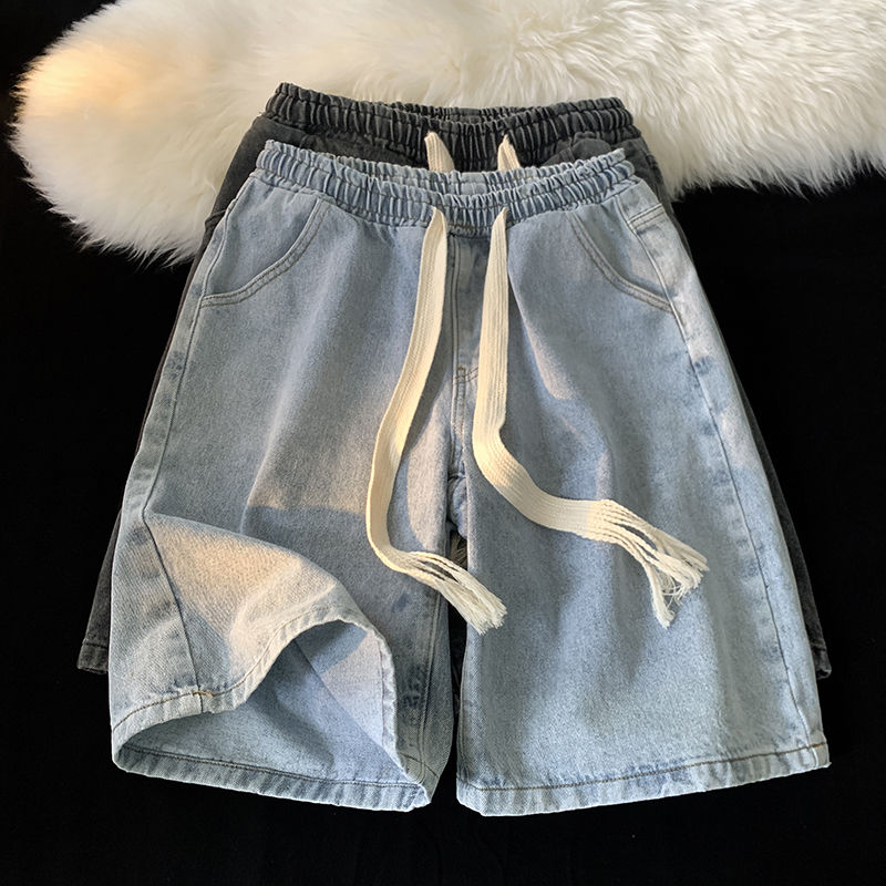 Braided drawstring denim shorts men's summer thin fashion brand casual pants American retro loose plus size five-point pants