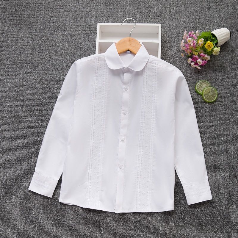 Girls' white shirt plus fat plus long-sleeved cotton spring and autumn children's white lace shirt student fat children's school uniform