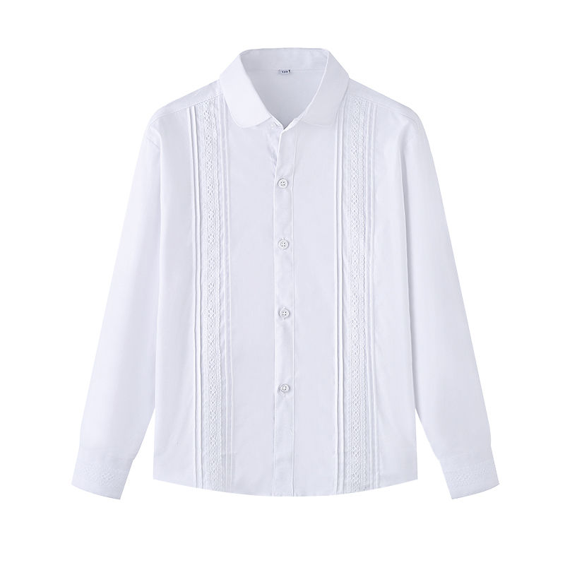 Girls' white shirt plus fat plus long-sleeved cotton spring and autumn children's white lace shirt student fat children's school uniform
