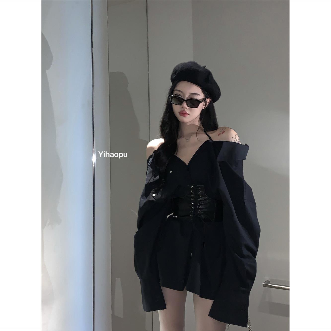 一字肩襯衫裙掛脖連衣裙女夏季黑色辣妹露背短裙收腰氣質長袖裙子