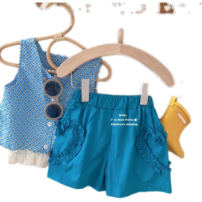 Girls peacock blue summer suit pure cotton lace vest love shorts cool baby fashionable 2 pieces