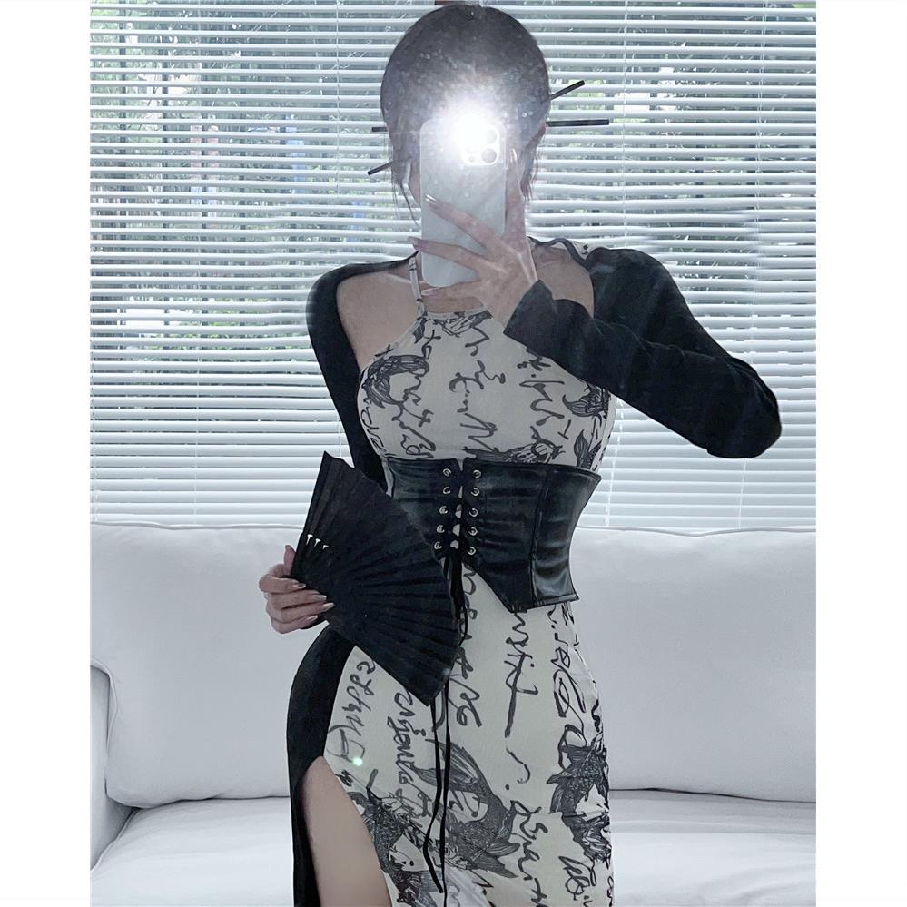 New Chinese Style Halter Neck Long Sleeve Dress Women's Summer Spliced ​​Slit Sexy Irregular Mid-Length Hip Skirt